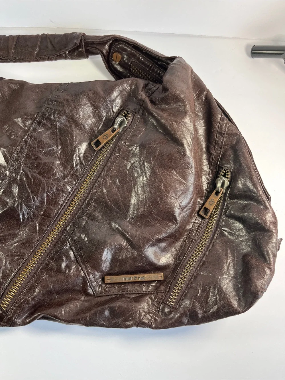 Matt & Nat Vegan Leather Dark Brown Hobo Shoulder Bag with Zippers & Keychain
